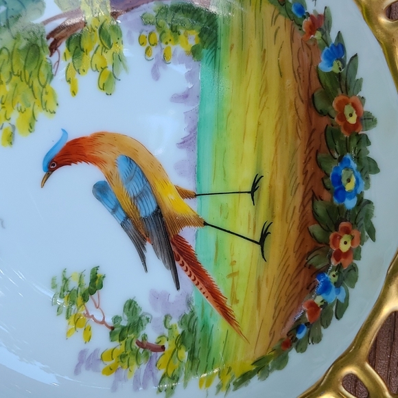 Vintage Bavaria hand-painted plate / dish w pheasant, flowers & trees gold trim - Picture 2 of 4